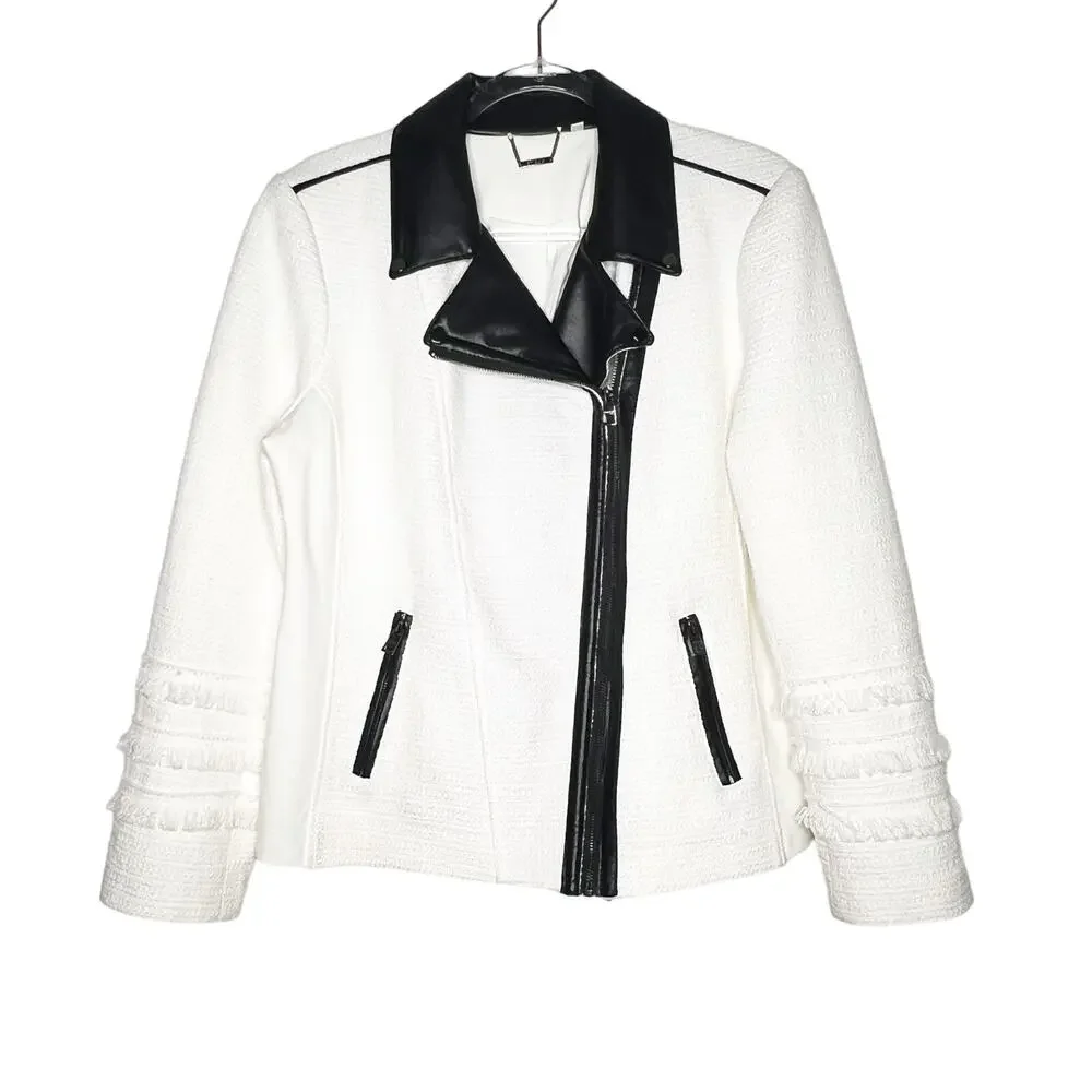 CHICO'S Tweed and Faux Leather Moto Jacket Asymmetric Full Zip White Black Large